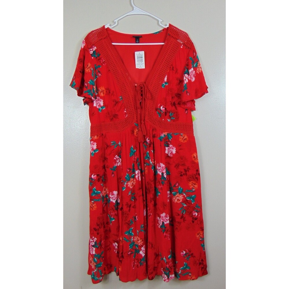 New Torrid Red Floral Lace Up Flutter Sleeve Midi Dress Womens Size 1X Crochet